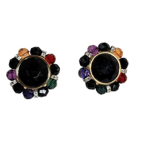 Vintage Les Bernard Gold-tone Multicolor Faceted Rhinestone Clip-on Earrings